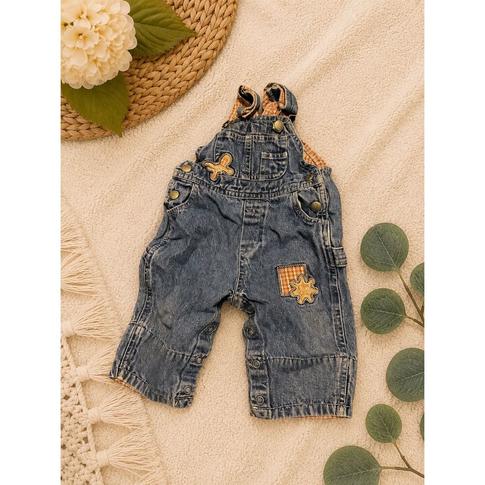 Baby Gap Denim Overalls 3-6 Months Floral Plaid Patch Vintage Style